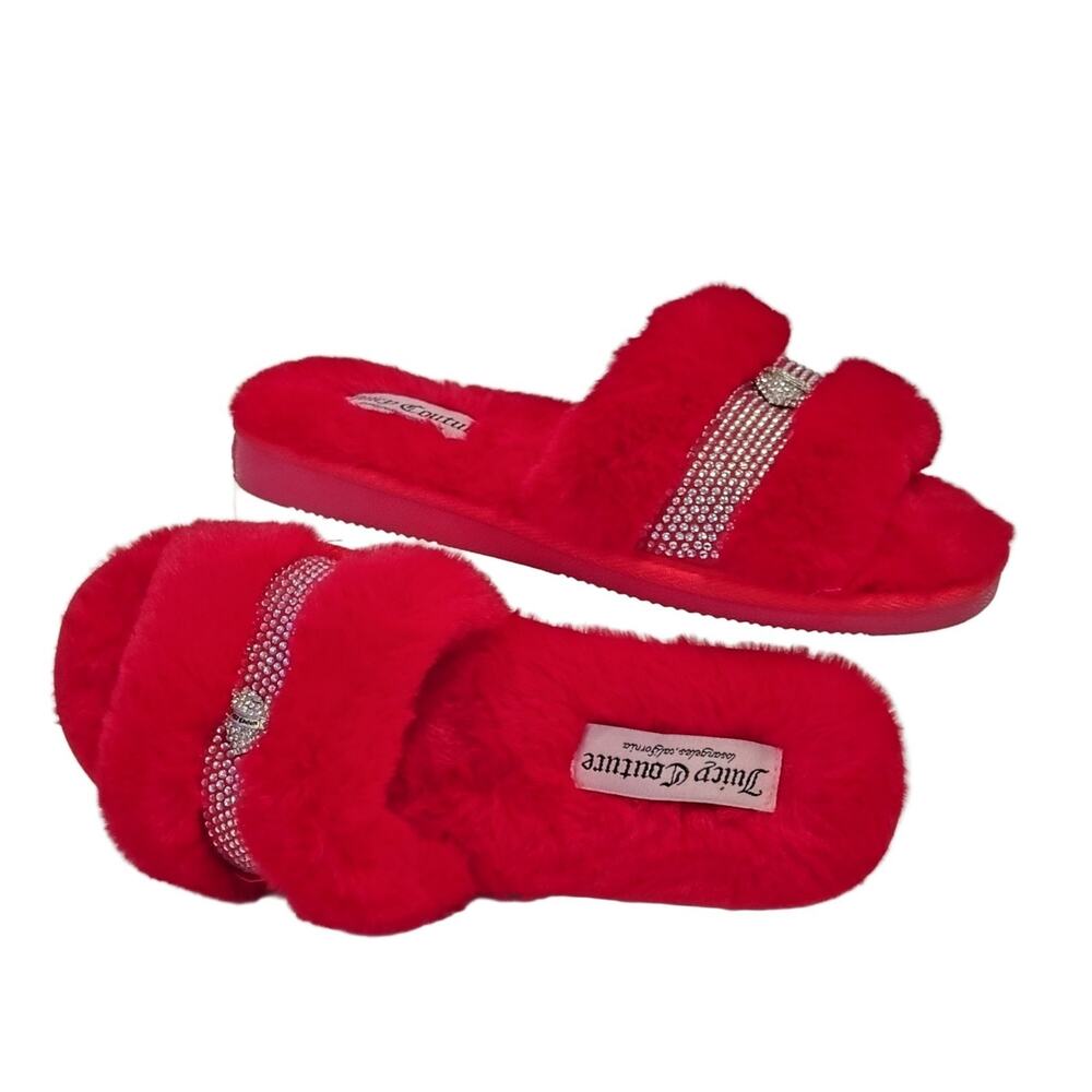 Juicy Couture WMS SZ M 6.5 / 7.5 Rhinestone Slide Slippers Red Faux Fur Y2K